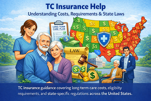 A professional illustration representing SR-22 insurance in the United States, showing seniors, caregivers, financial planning elements, and a U.S. map symbolizing state laws and long-term care coverage.